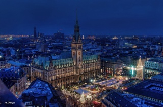 Hamburg, Německo, radnice, noční město, velikost, budovy