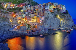 Manarola, Italy, Liguria, Manarola, evening, twilight, lights, reflection