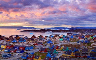 grónsko, břeh, ledové kře, trajekt, chaty, multi-barevné, hory