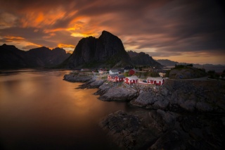 Norway, the sky, clouds, sunset, evening, sea, mountains, the village, home