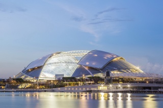 Singapur, sportovní areál, budova, voda, světla, nebe, krása, osvětlení