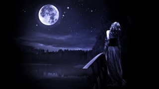 nature, night, photoshop, the sky, stars, the moon, the lake, forest, the bridge, girl, black and white, 3d, background
