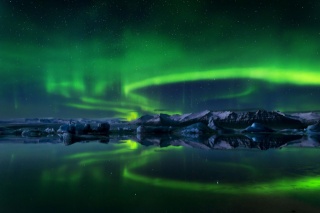 Island, noc, Polární záře, příroda, hory, nebe, hvězdy, zima, led, sníh