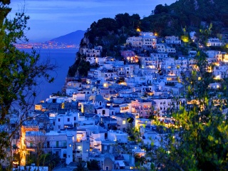 capri, Italy, island, evening, home, the slope, lights, sea
