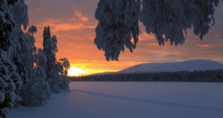 zima, sníh, stromy, západ slunce, nebe, hory, krása