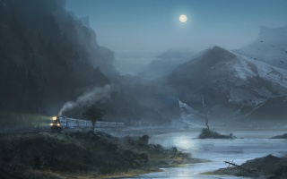 train, composition, mountains, forest, the moon, snow