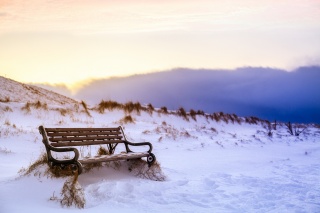 Исландия, зима, снег, следы, небо, лавочка, скамья, природа
