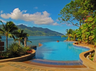 Seychely, ostrov, příroda, hory, dům, bazén, nebe, les, palmové, stromy