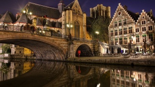 Belgie, řeka, most, budovy, noc, osvětlení, světla, nábřeží, dovolená, krása