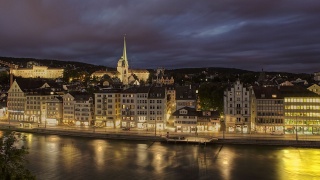 Švýcarsko, Curych, noc, budovy, světla, osvětlení, řeka, nábřeží, krása