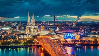 Germany, the city, sunset, evening, the bridge, building, Cathedral, lights, lighting, the sky, beauty