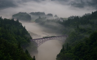 поїзд, краєвид, фото, міст, природа, гори, туман, річка