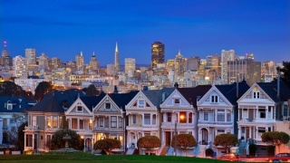 San Francisco, večer, ulice, světla, doma, budovy, město, nebe, stromy, cesta, krása
