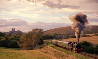 Velká británie, příroda, parní lokomotiva, složení, lokomotiva, most, hrad, nebe, kouř