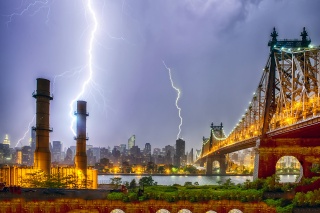 New York, the city, lightning, evening, the bridge, skyscrapers, pipe