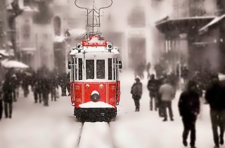 zima, sníh, tramvaj, kolejnice, lidé