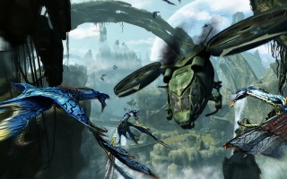 Flying dragons, war, avatar, helicopters, in the rocks, 3d