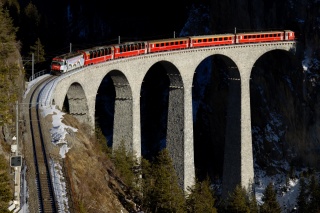 vlak, Červená, železnice, hory, viadukt, most, Švýcarsko