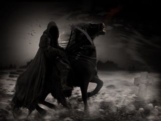 rider, death, horse, Scythe, darkness, stones, cross, birds
