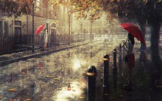 girls, autumn, street, the rain, Anime