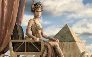 křeslo, fantasy, záclony, pyramida, dekorace, oblečení, Элоди Юнг, Elodie Yung, Gods of Egypt, Боги Египта, herečka