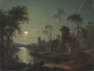 the lake, painting, River Scene (1840), by Sebastian Pether, the moon, trees