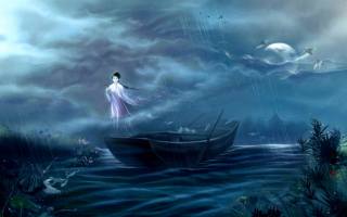 fantasy, Japanese, Ghost, привидение, girl, boat, night, storm, the rain, boat, river, Bay, reed, the reeds, beauty, the spirit, soul, evil, undead