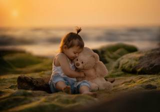 child, girl, baby, toy, bear, nature, stones, evening