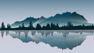 the lake, trees, mountains, graphics, vector