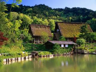 japonsko, domy, dům, altán, farma, les, Japonsko, stromy, voda