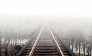 река, туман, мост, железная дорога