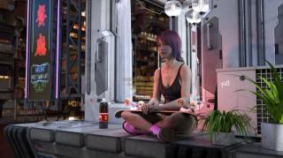 Philip Jones, цифрове мистецтво, character design, жінки, азіатські, футболка, jean, jean shorts, 3d, чоботи, skateboard, сидить, soda, purple hair