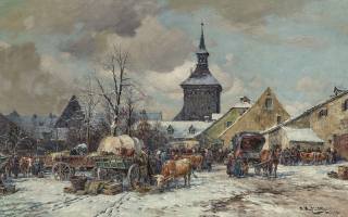 Карл Штульмюллер, немецкий живописец, Зимний рынок скота, Winter cattle market, Karl Stuhlmuller, German painter