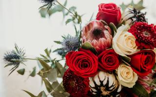 winter bridal bouquet, flowers, red roses, floral arrangement, red roses