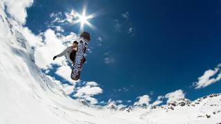 snowboard, snow, mountains, the sky, the sun, clouds