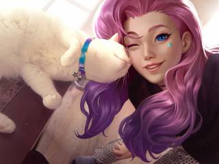 Kudos Productions, Seraphine (League of Legends), league of legends, KDA Seraphine, women, purple hair, blue eyes, Cat, KDA, fictional character, fan art, video games, video game girls, digital art, white cats