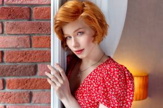 Anastasia Zhilina, women, Model, redhead, women indoors, red dress, flower dress, Window, lamp, curtains, face