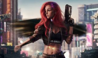 Cyberpunk 2077, girl, long hair, pink hair, ???????-????, the city, weapons, Fantasy, ??????????, the gun