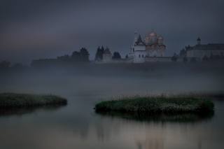 summer, grass, landscape, nature, fog, river, dawn, morning, the temple, the monastery, Islands, Андрей Чиж