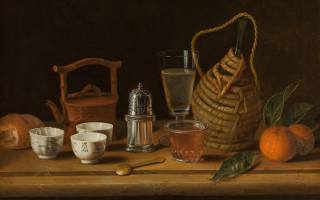 Pieter Gerritsz van Roestraten, dutch, Still life with Chinese porcelain tea strainer basket bottle and oranges