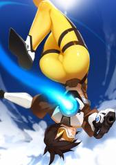 tracer, OVERWATCH, game, girl, Anime, brunette, clouds, sky