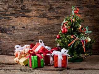 desky, svátek, Nový rok, Vánoce, vánoční strom, dekorace, krabičky, dárky