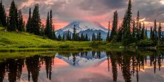widescreen, mountains, the lake, Rainier, National Park, trees, reflection, nature