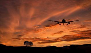 sunset, the sky, the plane, trees