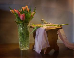 vase, flowers, tulips, stool, figure, bird
