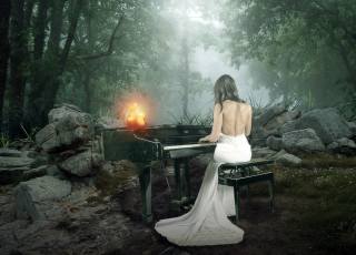 girl, the piano, forest, fog