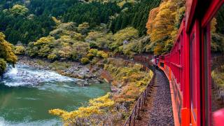 mountains, forest, river, train, Kyoto, Japan