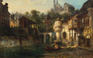 Pierre Tetar van Elven, dutch, A historical town view with villagers in a boat