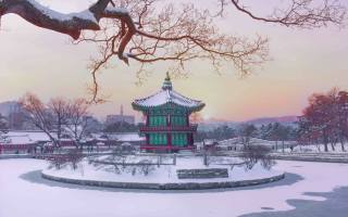 зима, Gyeongbokgung, Hyangwonjeong Pavilion, Bridge Intoxicated with Fragrance, Сеул, South Korea
