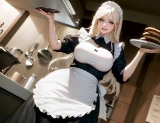 Stable Diffusion, AI art, blonde, women, maid outfit, maid, dress, kitchen, realistic, blue eyes, smiling, apron